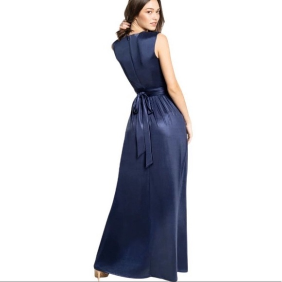 Dress The Population Krista Plunging V-Neck Side Slit Gown Dress Navy Blue M - Picture 2 of 10
